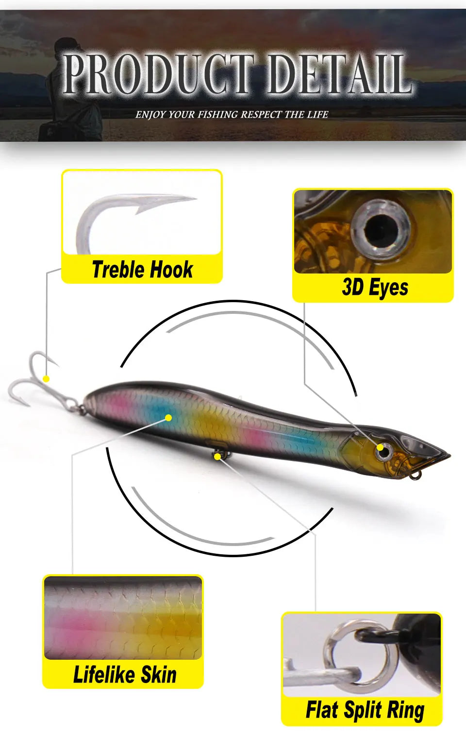 TacklePRO PO09 Popper Topwater Snake Head Floating Wobbler 100mm/120mm/135mm 11g/17g/26g Fishing Lure Sea Bass Pike Bait Peche