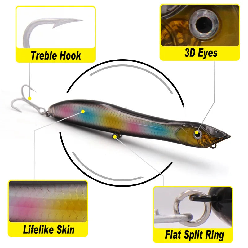 TacklePRO PO09 Popper Topwater Snake Head Floating Wobbler 100mm/120mm/135mm 11g/17g/26g Fishing Lure Sea Bass Pike Bait Peche