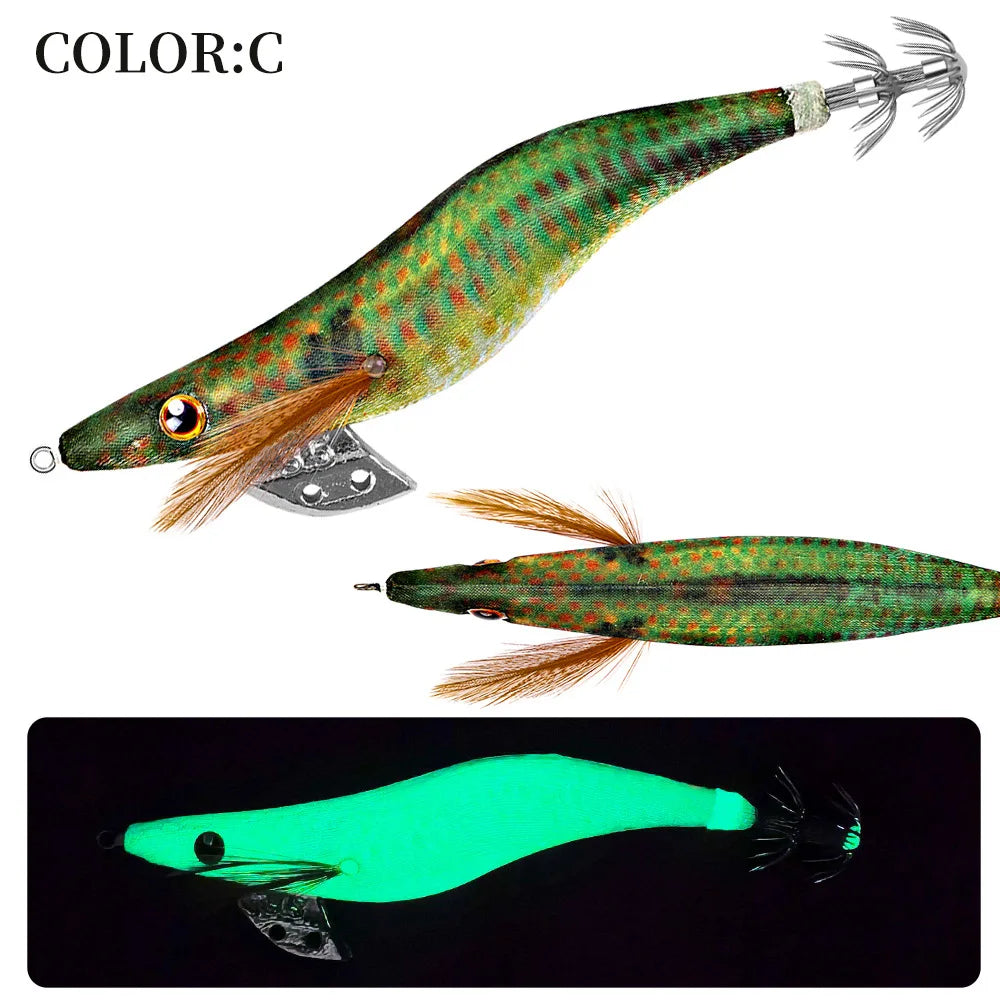 LHFSH Glow Squid Jigs 12G 15G 20G Simulation Shrimp Fishing Lure Wood Shrimp Jig Lure Saltwater Cuttlefish Octopus Tackle