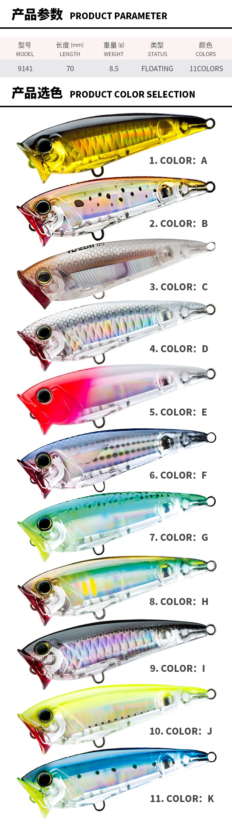 70F Popper Fishing Lure RIPPLE 70mm 8.5g Topwater Hard Bait For Bass Pike Long-cast Floating Wobbler Surface Leurre Peche