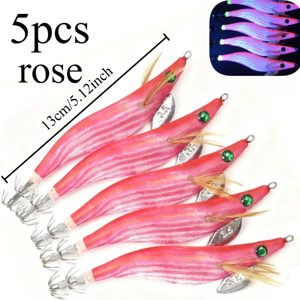 Kit 5 Turluttes Calamar 13cm Lumineux – Leurres Seiche/Poulpe Double Hameçon