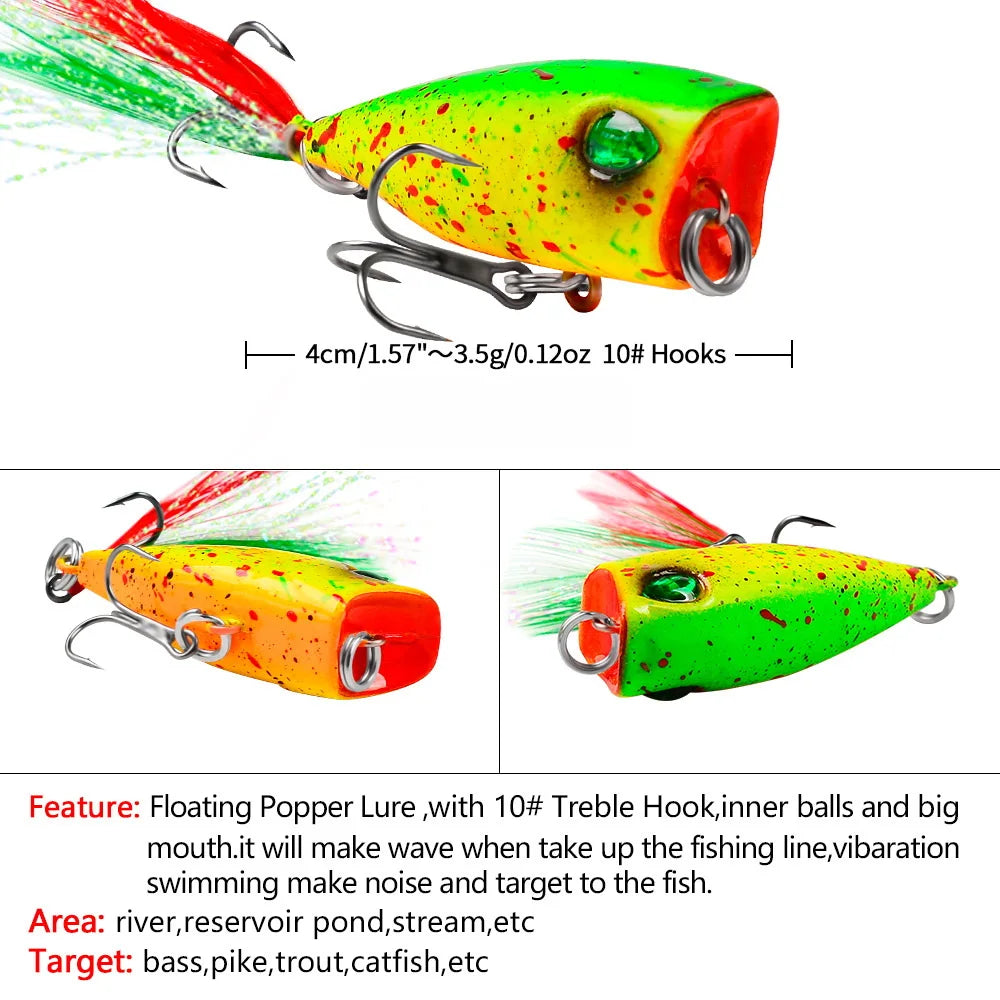 Mini Popper Topwater Hard Bait 43mm 4g Fishing Lures Artificial Wobblers Plastic Tackle with Feather Hooks for Angling
