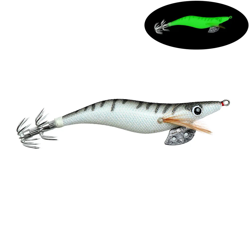 Full Body Luminous Wooden Shrimp Colorful Imitation Squid Shrimp Fake Bait2.0 2.5  3.0#Squid Cuttlefish Sea Fishing Umbrella Hoo