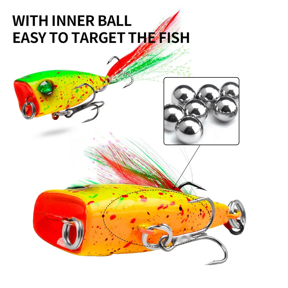 Mini Popper Topwater Hard Bait 43mm 4g Fishing Lures Artificial Wobblers Plastic Tackle with Feather Hooks for Angling