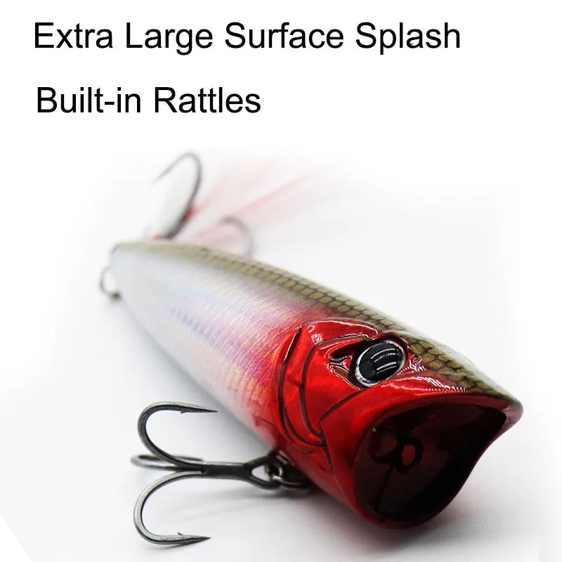 Topwater Popper Hard Fishing Lures Splash Surface Crankbait With Feathered Treble Hooks For Bass Pike Freshwater Angling Tackle