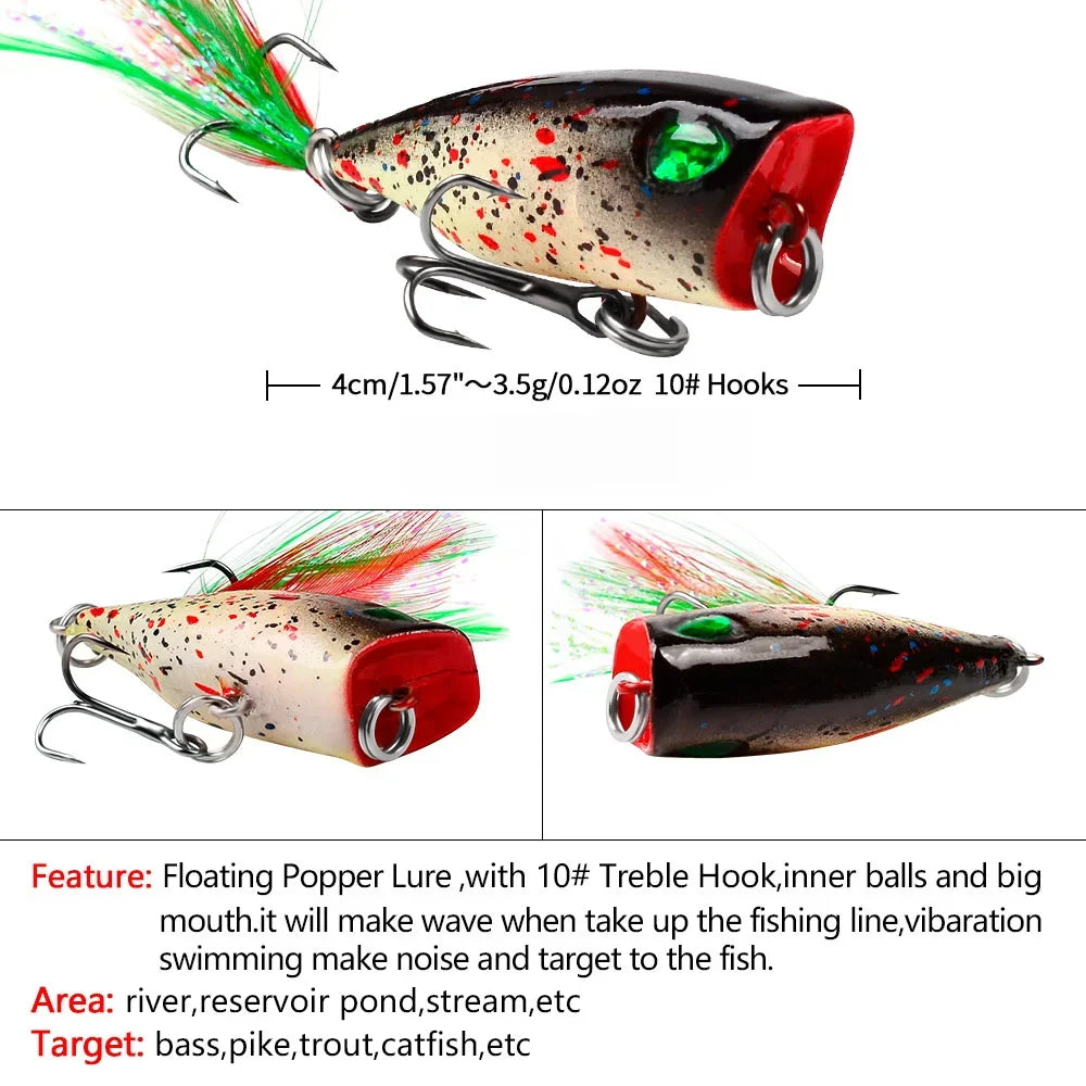 Mini Popper 43mm 4g – Leurre Dur Topwater avec Hameçon Plumé