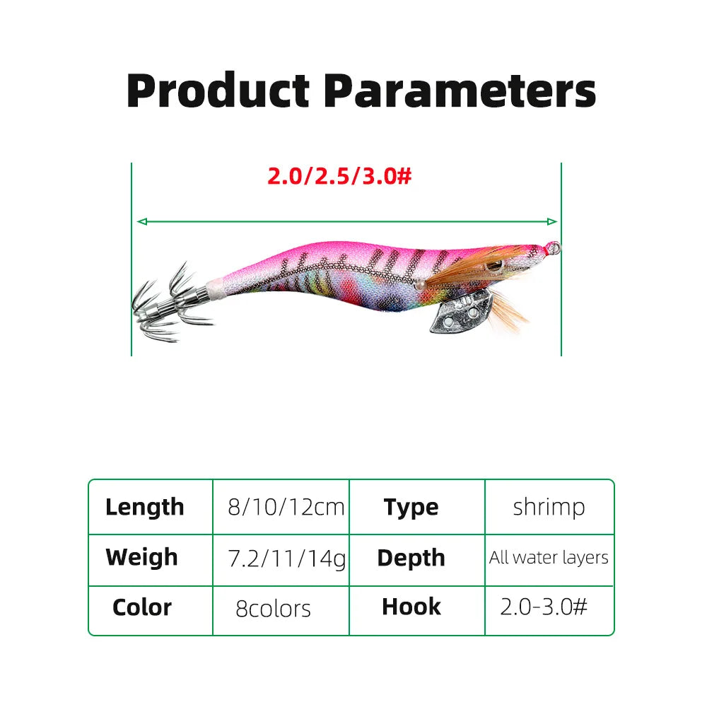 Full Body Luminous Wooden Shrimp Colorful Imitation Squid Shrimp Fake Bait2.0 2.5  3.0#Squid Cuttlefish Sea Fishing Umbrella Hoo