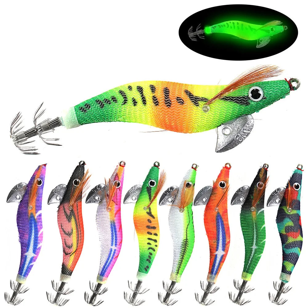 Artificial Squid Jig Luminous Wooden Shrimp 2.5# 3.0# 3.5# Squid Fishing Lure Noctilucent Squid Cuttlefish Lure For Octopus Fish