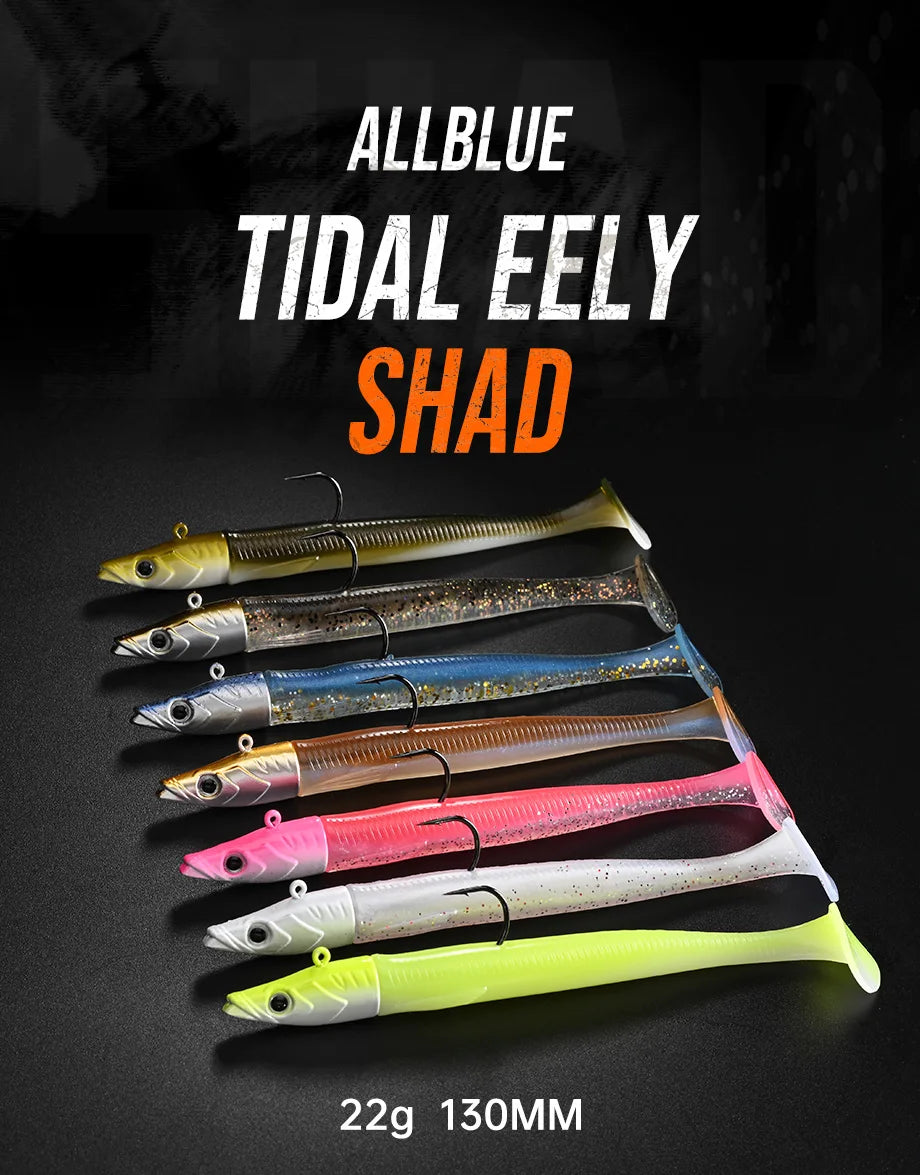 ALLBLUE Tidal Eely Shad 13cm 22g Soft Eel Fishing Lure Paddle Tail Jig Head Hook Vinyls Vibration Artificial Bait Saltwater Gear