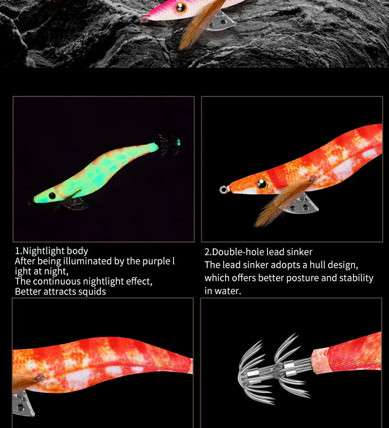 LHFSH Glow Squid Jigs 12G 15G 20G Simulation Shrimp Fishing Lure Wood Shrimp Jig Lure Saltwater Cuttlefish Octopus Tackle