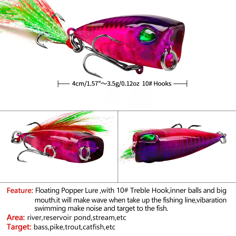 Mini Popper 43mm 4g – Leurre Dur Topwater avec Hameçon Plumé