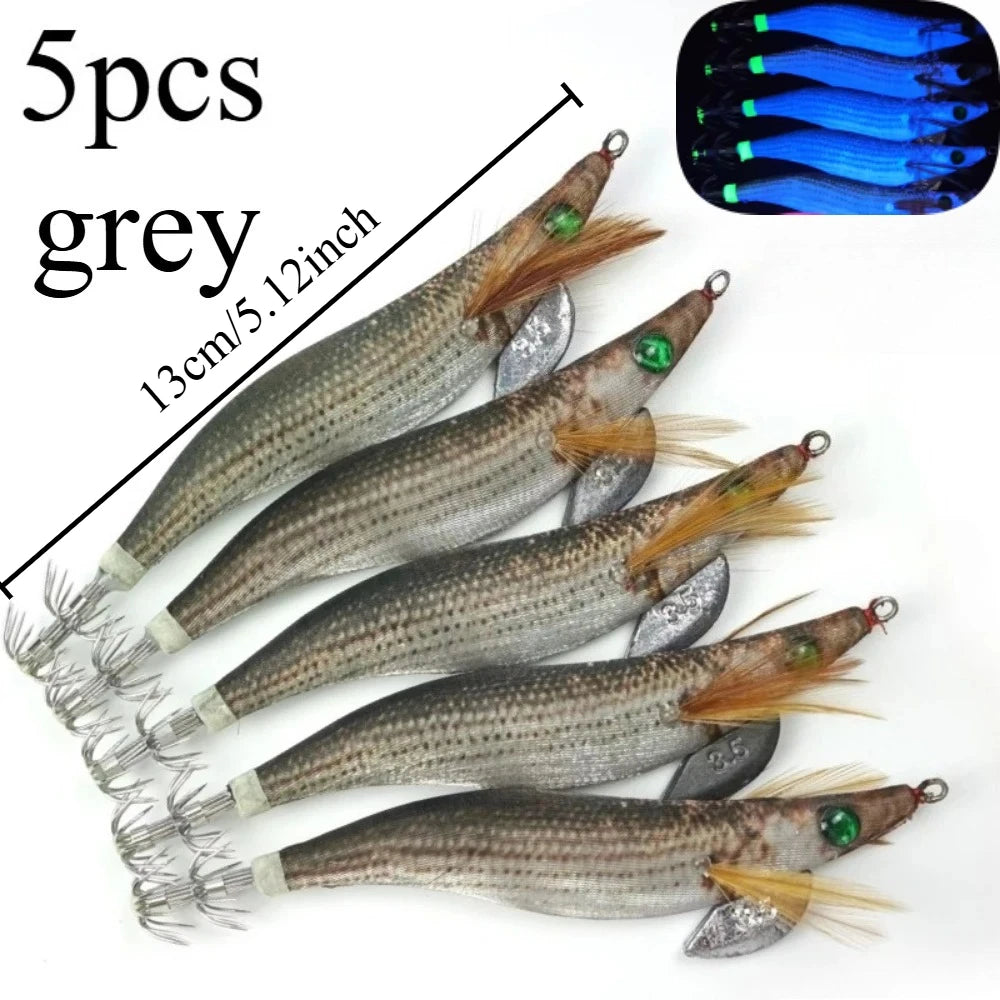 5pcs/set Squid Jig Egi Set 13cm Simulation Shrimp Fishing Lure Luminous Saltwater Double Hook Cuttlefish Tackle Octopus Shrimp