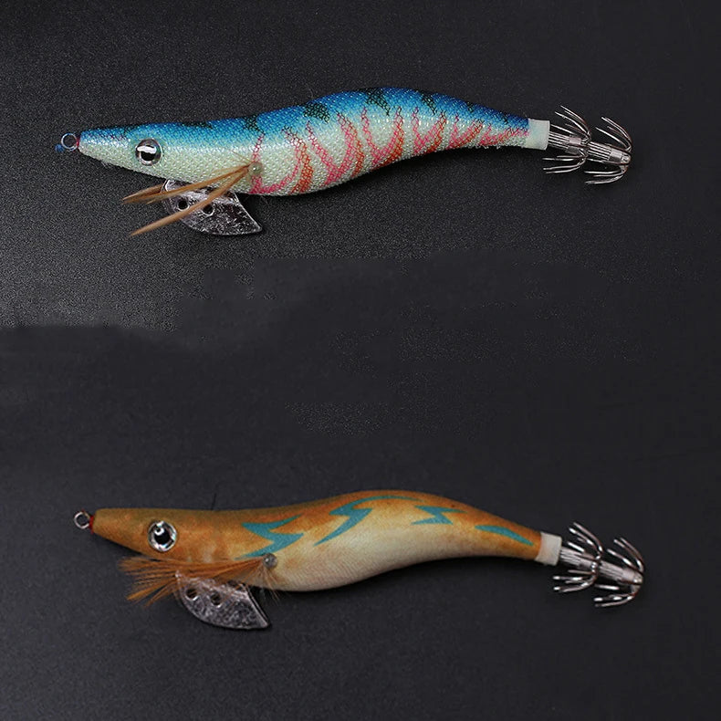 10PCS with Shrimp Bag 3D Printing 2.5 3.0 3.5  Hook Luminous Squid Jig Fishing Wood Shrimp Lure Squid Cuttlefish Jigs Lures