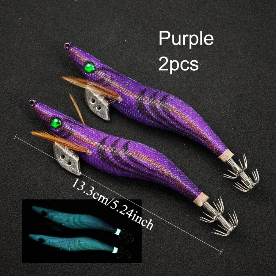 2pcs/set Glow Squid Jigs Set 13cm Simulation Shrimp Fishing Lure 3.5# Wood Shrimp Jig Lure Saltwater Cuttlefish Octopus Tackle