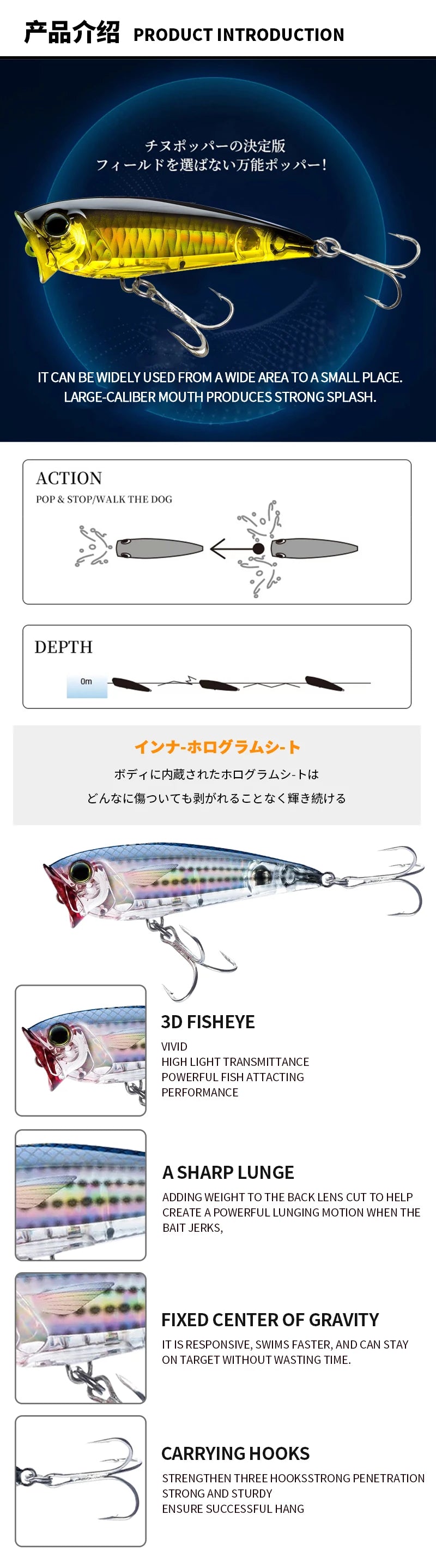 70F Popper Fishing Lure RIPPLE 70mm 8.5g Topwater Hard Bait For Bass Pike Long-cast Floating Wobbler Surface Leurre Peche