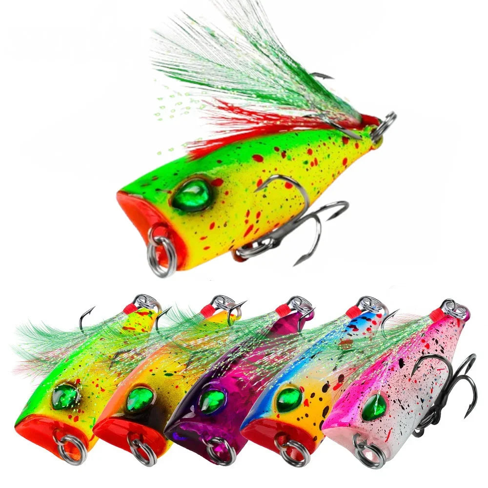 Mini Popper Topwater Hard Bait 43mm 4g Fishing Lures Artificial Wobblers Plastic Tackle with Feather Hooks for Angling