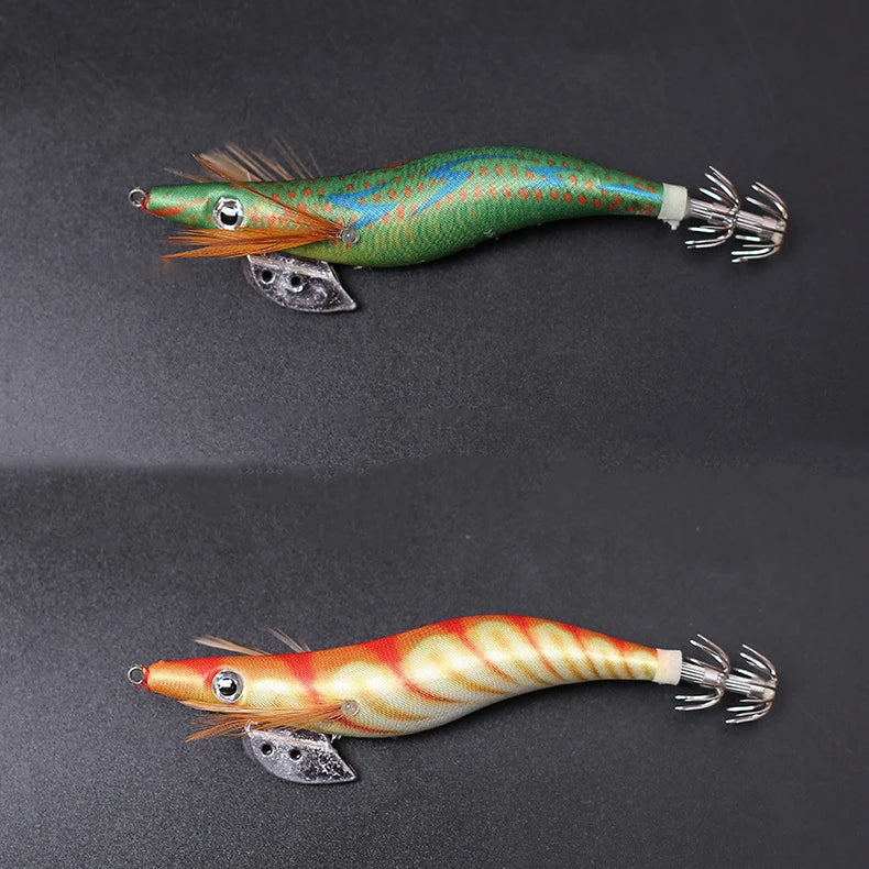 10PCS with Shrimp Bag 3D Printing 2.5 3.0 3.5  Hook Luminous Squid Jig Fishing Wood Shrimp Lure Squid Cuttlefish Jigs Lures