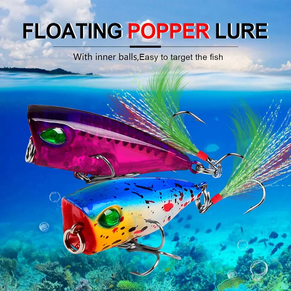 Mini Popper Topwater Hard Bait 43mm 4g Fishing Lures Artificial Wobblers Plastic Tackle with Feather Hooks for Angling