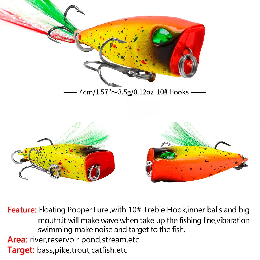 Mini Popper 43mm 4g – Leurre Dur Topwater avec Hameçon Plumé