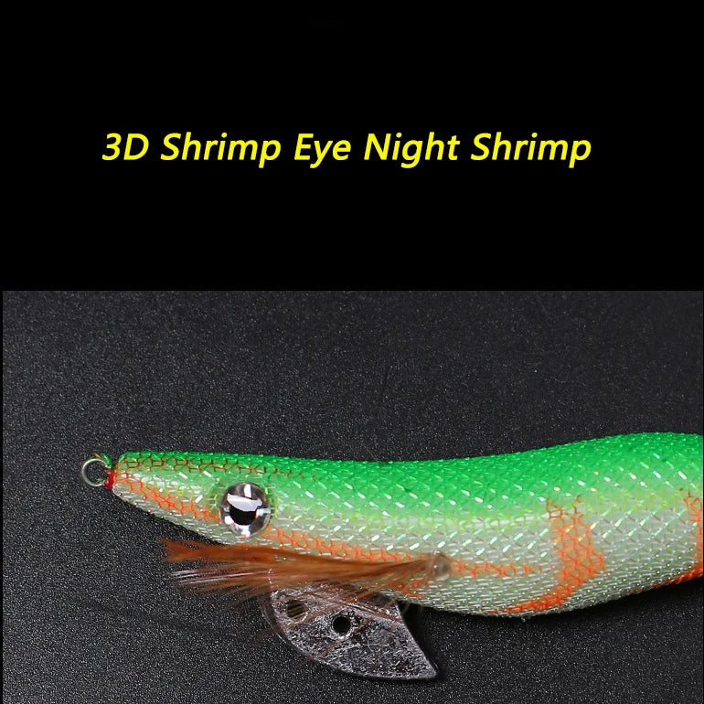 10PCS with Shrimp Bag 3D Printing 2.5 3.0 3.5  Hook Luminous Squid Jig Fishing Wood Shrimp Lure Squid Cuttlefish Jigs Lures