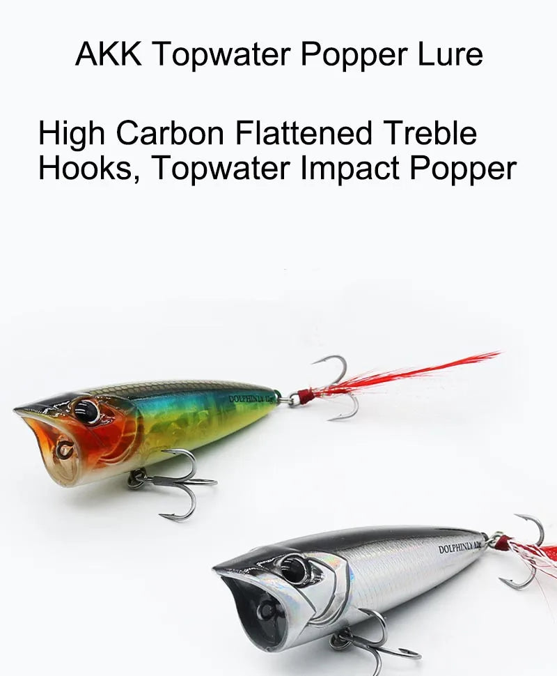 Topwater Popper Hard Fishing Lures Splash Surface Crankbait With Feathered Treble Hooks For Bass Pike Freshwater Angling Tackle
