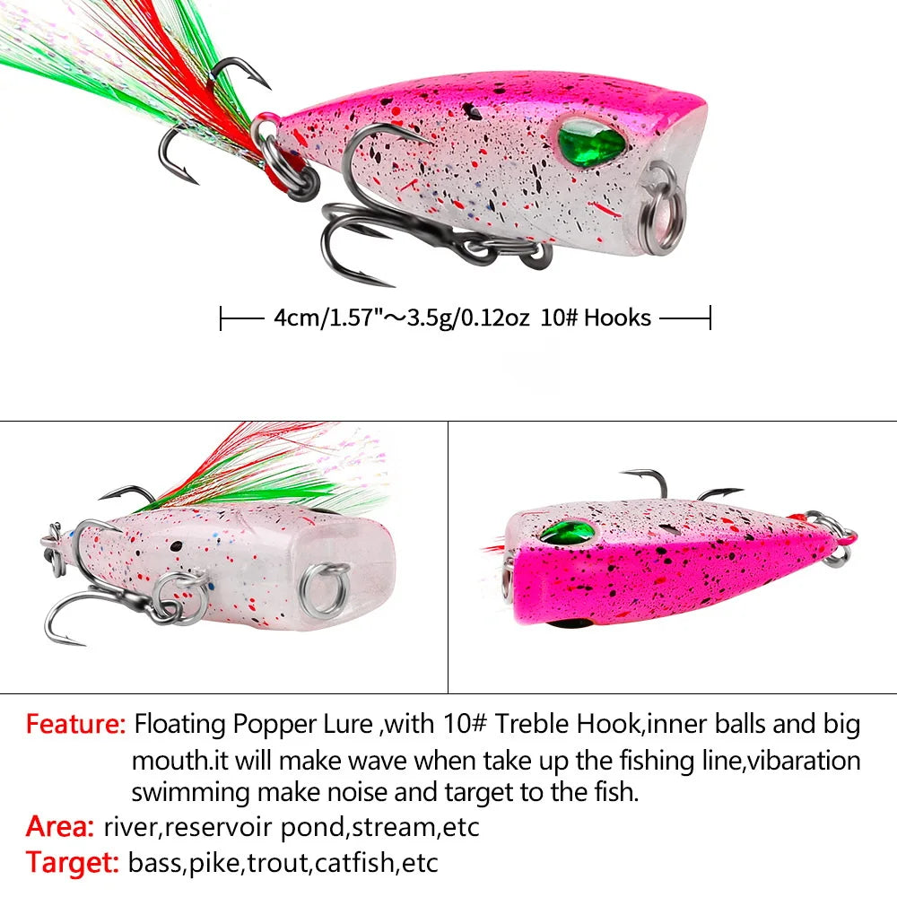 Mini Popper Topwater Hard Bait 43mm 4g Fishing Lures Artificial Wobblers Plastic Tackle with Feather Hooks for Angling