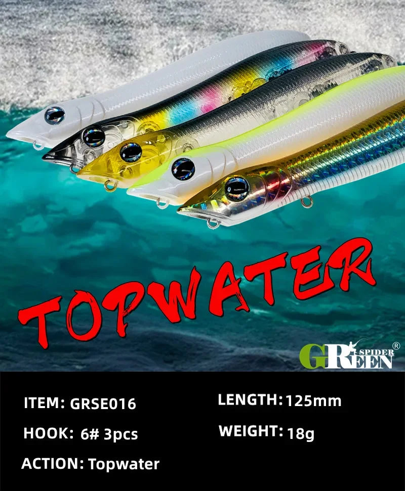 GREENSPIDER Fishing Lure 125mm 18g Topwater Pencil Popper Wobbler For Fishing Seabass Top Water Baits  Saltwater Surface Lures