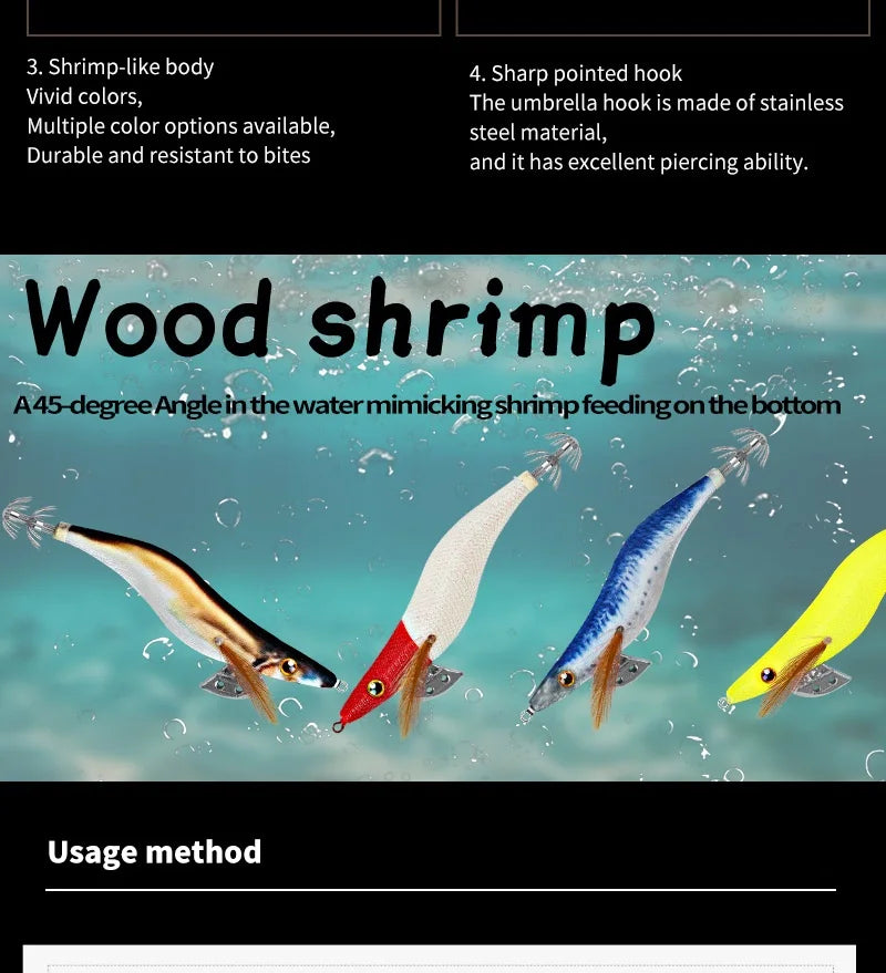 LHFSH Glow Squid Jigs 12G 15G 20G Simulation Shrimp Fishing Lure Wood Shrimp Jig Lure Saltwater Cuttlefish Octopus Tackle
