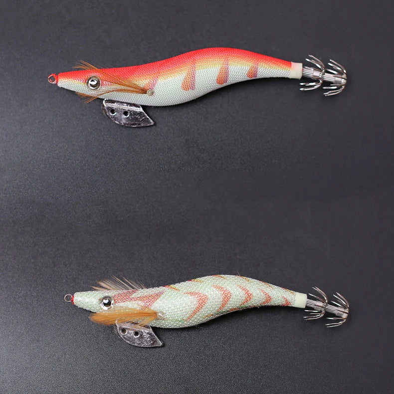 10PCS with Shrimp Bag 3D Printing 2.5 3.0 3.5  Hook Luminous Squid Jig Fishing Wood Shrimp Lure Squid Cuttlefish Jigs Lures