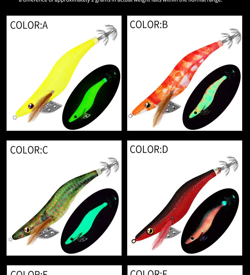 LHFSH Glow Squid Jigs 12G 15G 20G Simulation Shrimp Fishing Lure Wood Shrimp Jig Lure Saltwater Cuttlefish Octopus Tackle