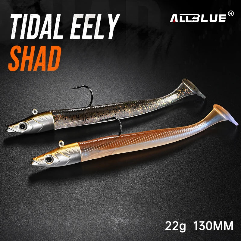 ALLBLUE Tidal Eely Shad 13cm 22g Soft Eel Fishing Lure Paddle Tail Jig Head Hook Vinyls Vibration Artificial Bait Saltwater Gear