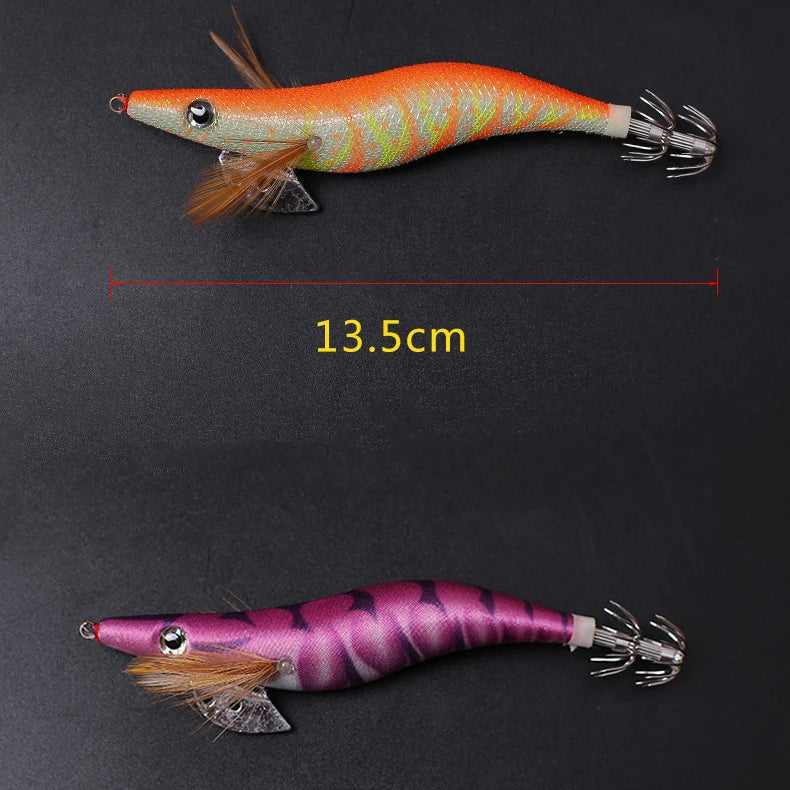 10PCS with Shrimp Bag 3D Printing 2.5 3.0 3.5  Hook Luminous Squid Jig Fishing Wood Shrimp Lure Squid Cuttlefish Jigs Lures