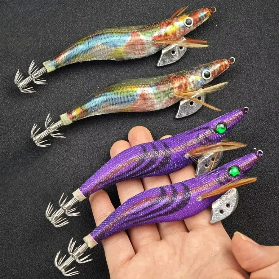 2pcs/set Glow Squid Jigs Set 13cm Simulation Shrimp Fishing Lure 3.5# Wood Shrimp Jig Lure Saltwater Cuttlefish Octopus Tackle