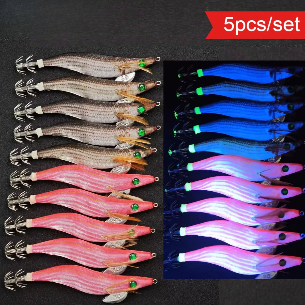 5pcs/set Squid Jig Egi Set 13cm Simulation Shrimp Fishing Lure Luminous Saltwater Double Hook Cuttlefish Tackle Octopus Shrimp