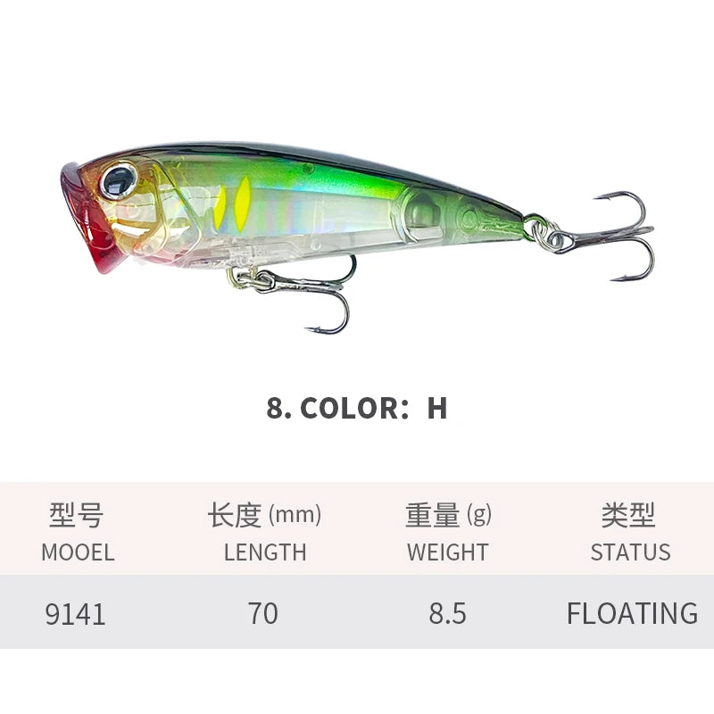 70F Popper Fishing Lure RIPPLE 70mm 8.5g Topwater Hard Bait For Bass Pike Long-cast Floating Wobbler Surface Leurre Peche