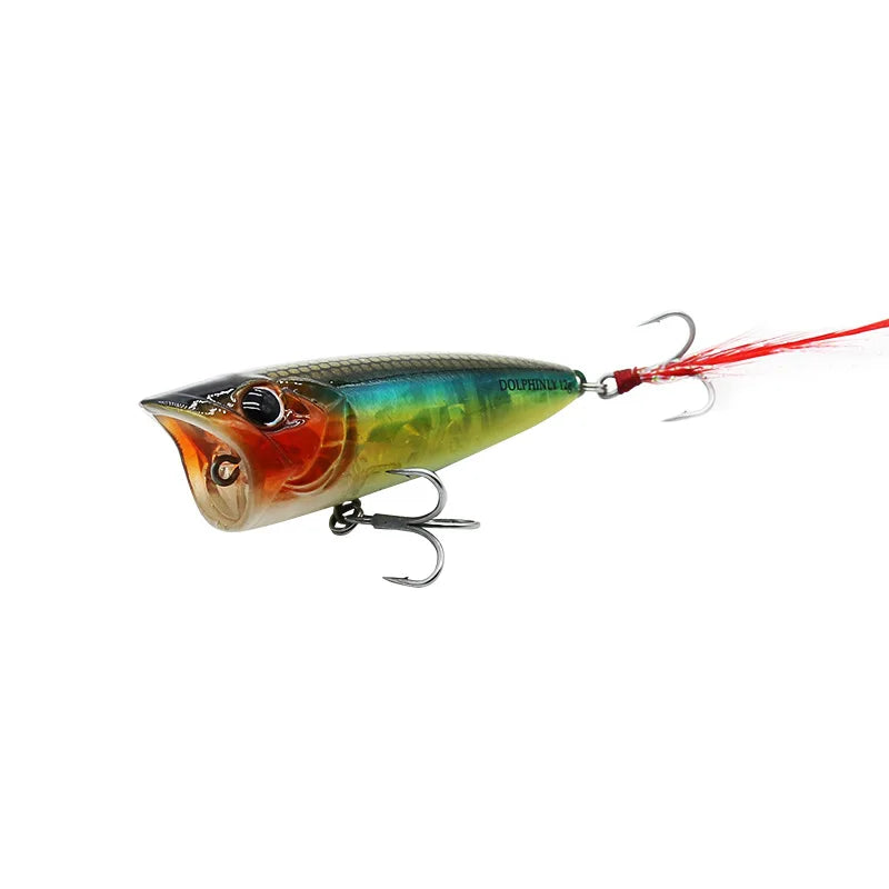 Topwater Popper Hard Fishing Lures Splash Surface Crankbait With Feathered Treble Hooks For Bass Pike Freshwater Angling Tackle