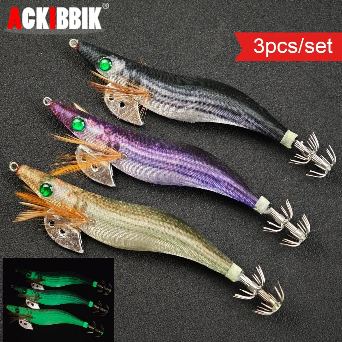 Ackibbik Kit 3 Crevettes Lumineux – Turlutte Calamar/Seiche