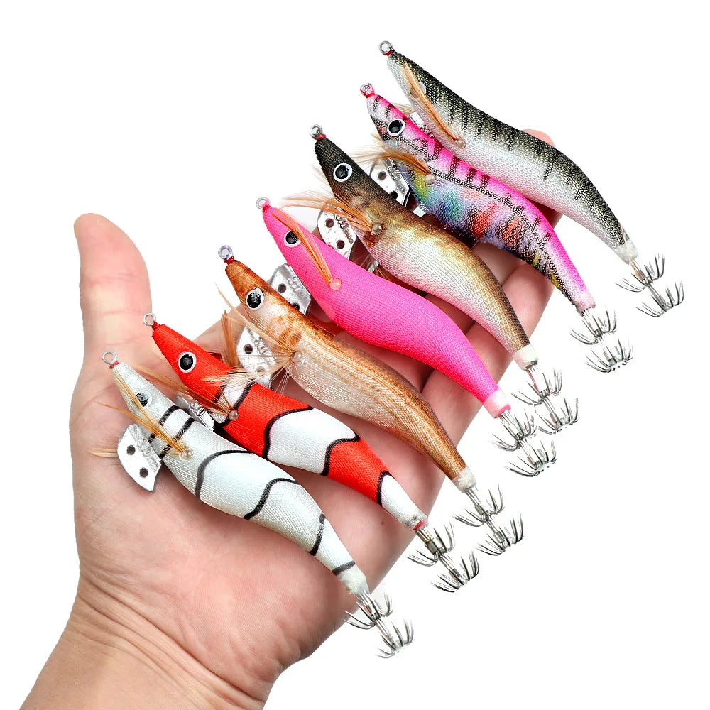 Full Body Luminous Wooden Shrimp Colorful Imitation Squid Shrimp Fake Bait2.0 2.5  3.0#Squid Cuttlefish Sea Fishing Umbrella Hoo