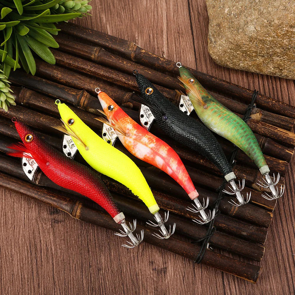 LHFSH Glow Squid Jigs 12G 15G 20G Simulation Shrimp Fishing Lure Wood Shrimp Jig Lure Saltwater Cuttlefish Octopus Tackle