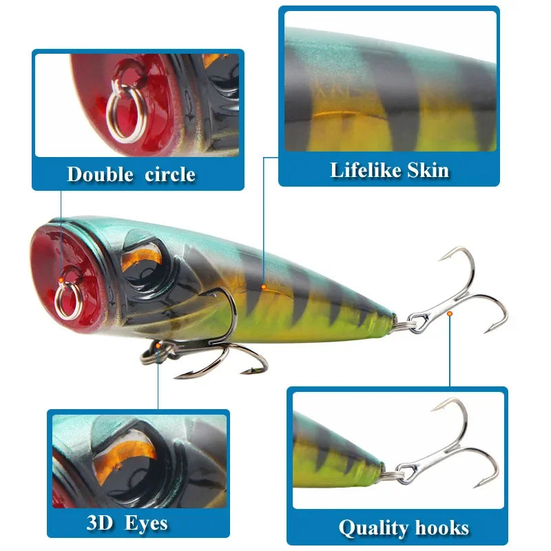 Popper Fishing Lure 80mm 14g Topwater Hard Bait Artificial Wobblers Superficial Fishing Tackle Double Hooks Surface Bait