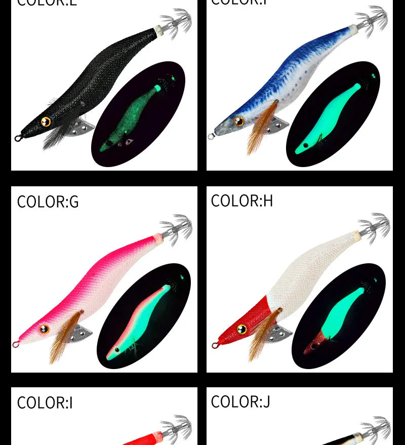 LHFSH Glow Squid Jigs 12G 15G 20G Simulation Shrimp Fishing Lure Wood Shrimp Jig Lure Saltwater Cuttlefish Octopus Tackle