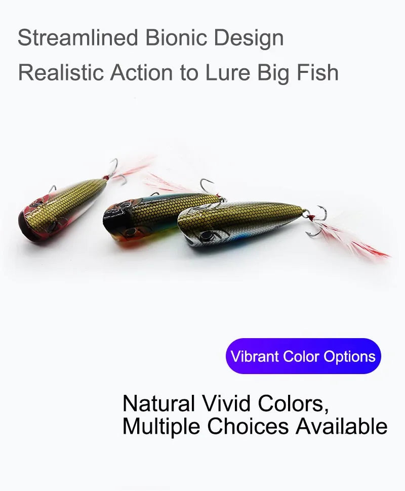 Topwater Popper Hard Fishing Lures Splash Surface Crankbait With Feathered Treble Hooks For Bass Pike Freshwater Angling Tackle