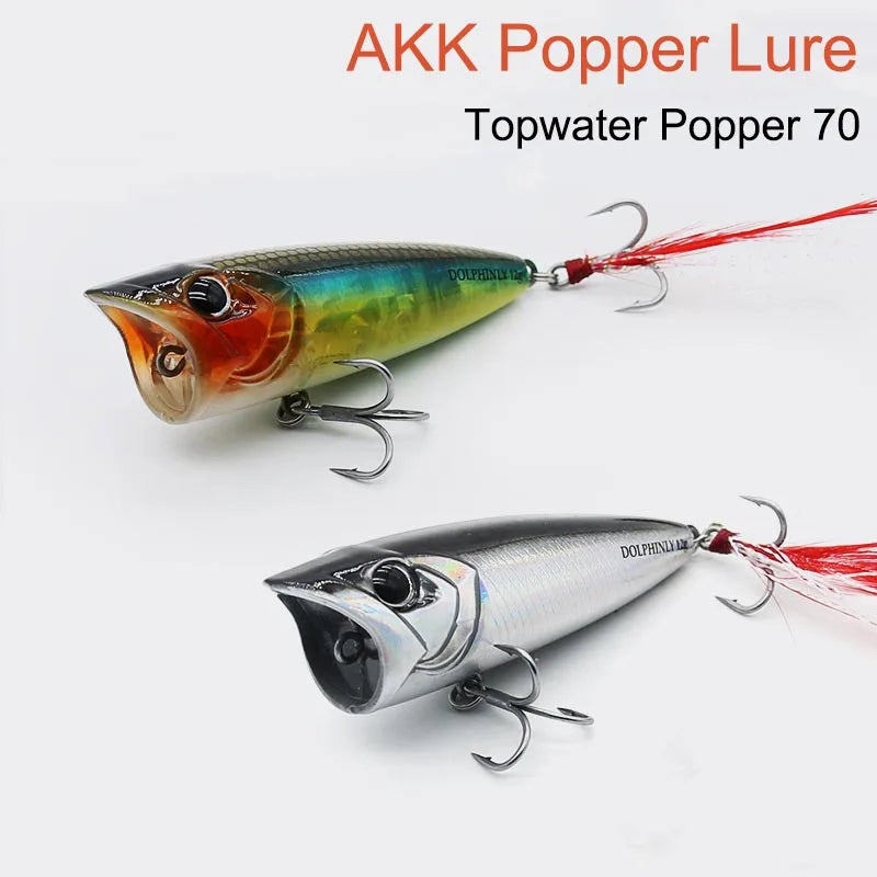 Topwater Popper Hard Fishing Lures Splash Surface Crankbait With Feathered Treble Hooks For Bass Pike Freshwater Angling Tackle