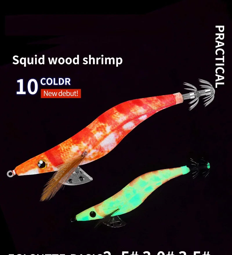 LHFSH Glow Squid Jigs 12G 15G 20G Simulation Shrimp Fishing Lure Wood Shrimp Jig Lure Saltwater Cuttlefish Octopus Tackle