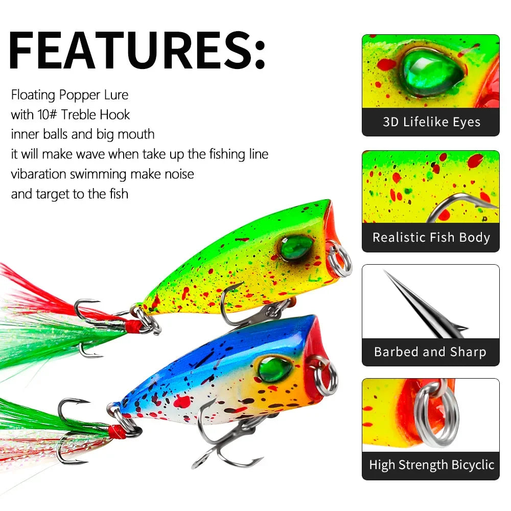 Mini Popper Topwater Hard Bait 43mm 4g Fishing Lures Artificial Wobblers Plastic Tackle with Feather Hooks for Angling
