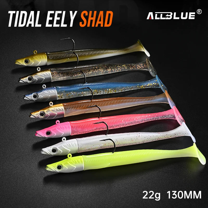 ALLBLUE Tidal Eely Shad 13cm 22g Soft Eel Fishing Lure Paddle Tail Jig Head Hook Vinyls Vibration Artificial Bait Saltwater Gear