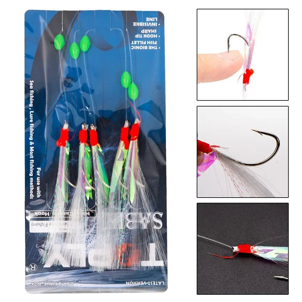 5pcs/Pack Sabiki Soft Fishing Lure Rigs Bait Jigs Lure Feather Lure Herring Bait Tackle For Mackerel Deep Sea Fishing Equipment