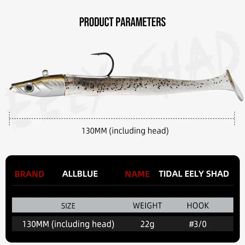 ALLBLUE Tidal Eely Shad 13cm 22g Soft Eel Fishing Lure Paddle Tail Jig Head Hook Vinyls Vibration Artificial Bait Saltwater Gear
