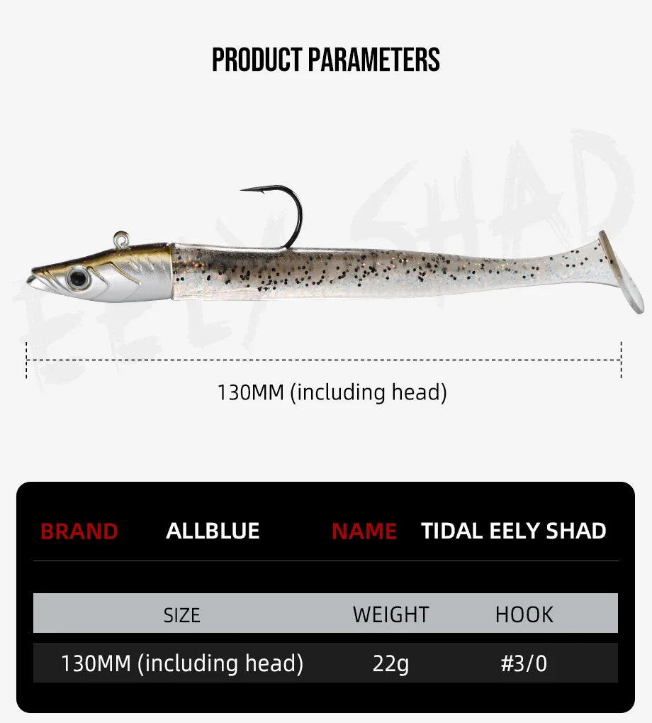 ALLBLUE Tidal Eely Shad 13cm 22g Soft Eel Fishing Lure Paddle Tail Jig Head Hook Vinyls Vibration Artificial Bait Saltwater Gear