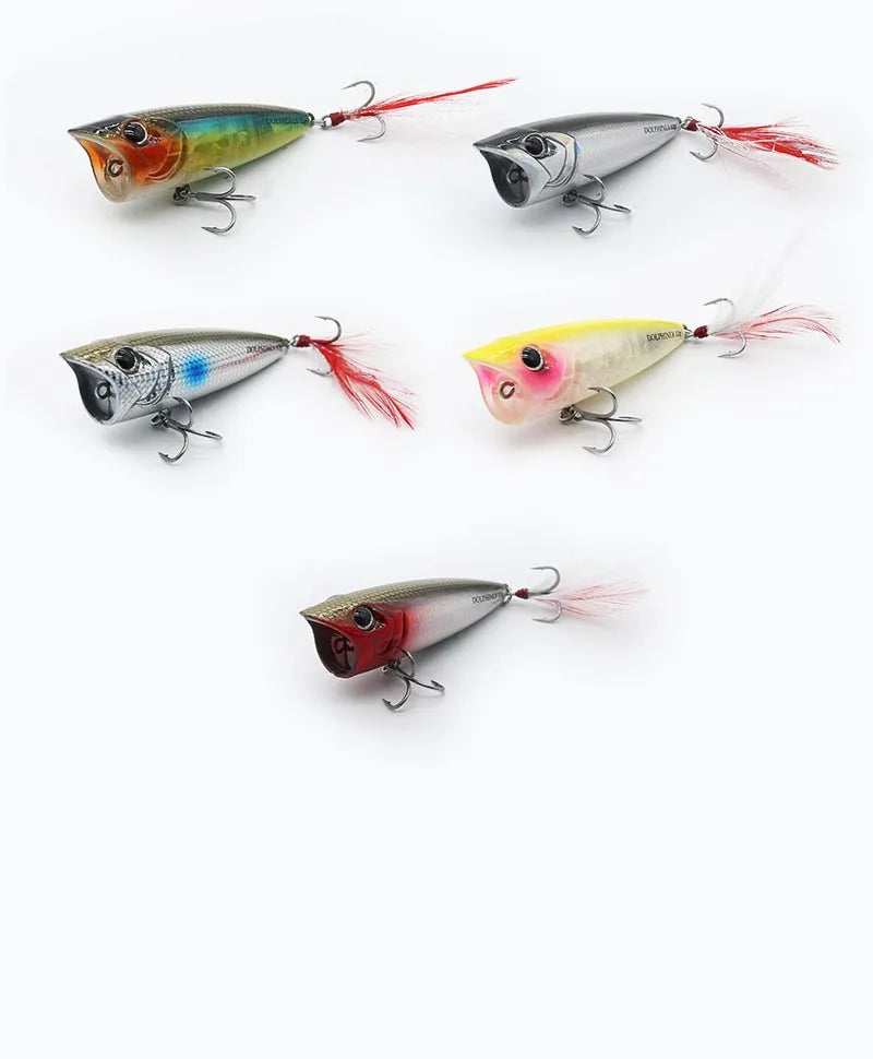 Topwater Popper Hard Fishing Lures Splash Surface Crankbait With Feathered Treble Hooks For Bass Pike Freshwater Angling Tackle